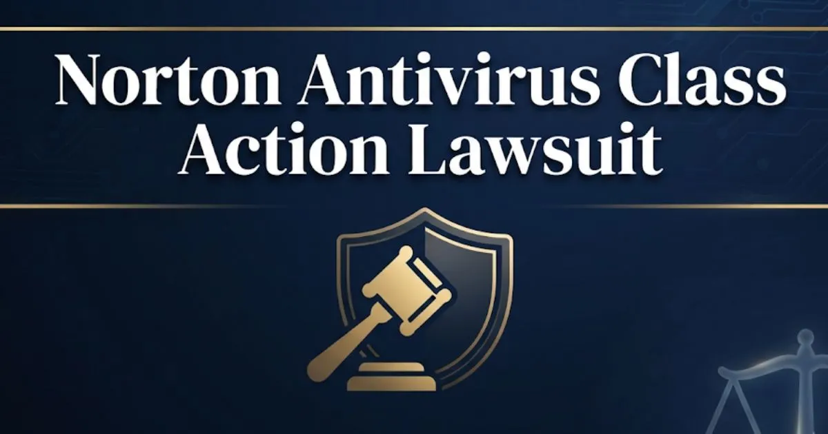 Norton antivirus class action lawsuit 2026 guide with gavel and shield legal graphic