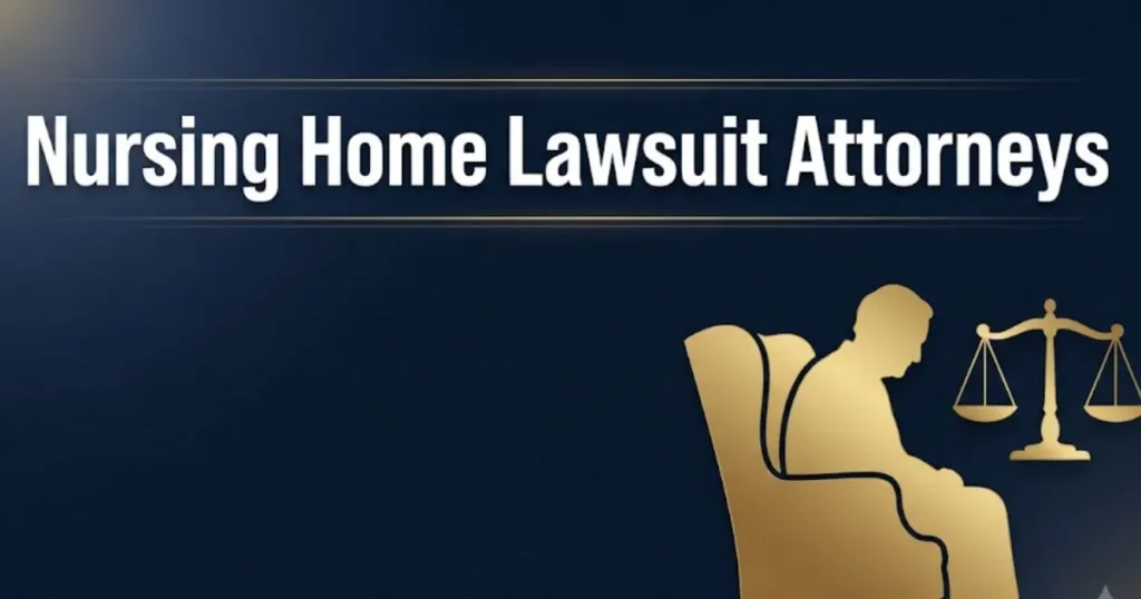 Nursing home lawsuit attorneys 2026 legal guide banner with legal scale icon and navy background