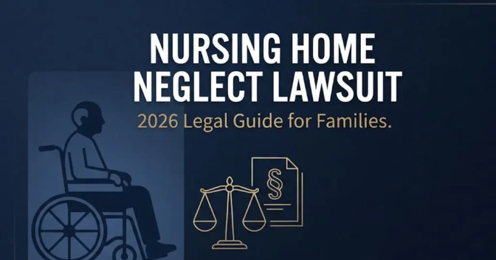 Nursing home neglect lawsuit 2026 legal guide banner with legal scale icons and elderly silhouette on navy background
