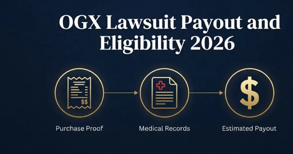 OGX lawsuit payout and eligibility infographic for 2026 with process flow icons