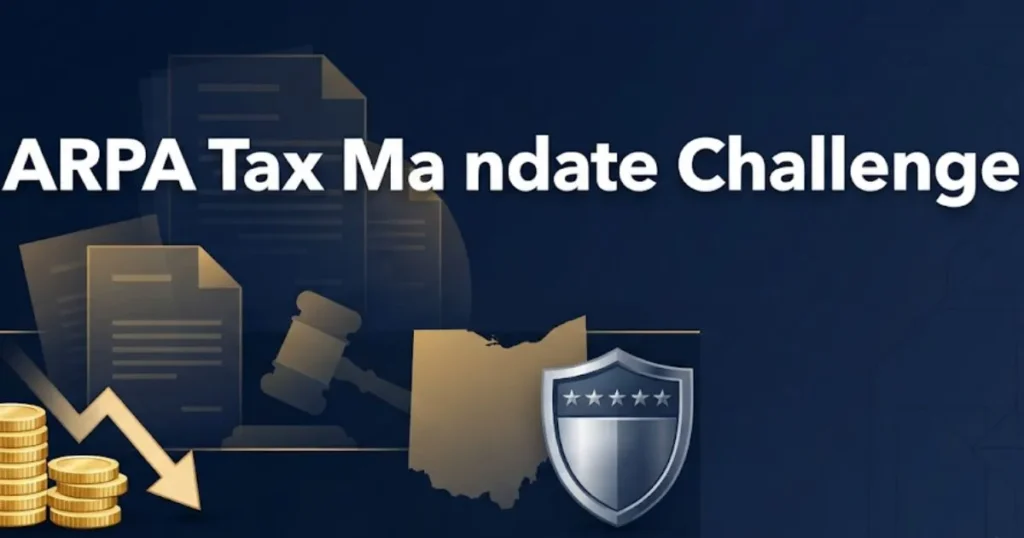 Ohio ARPA tax mandate challenge infographic with gavel and state map for pandemic aid lawsuit