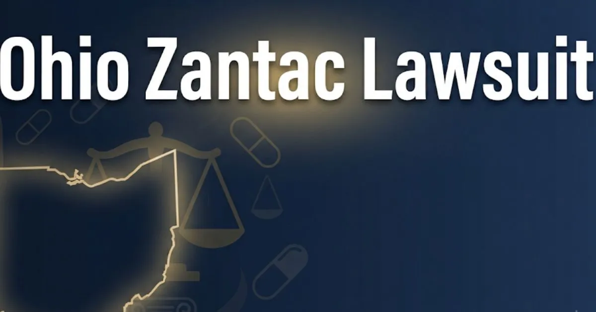 Ohio Zantac lawsuit 2026 hero banner with legal scales and state outline on navy background