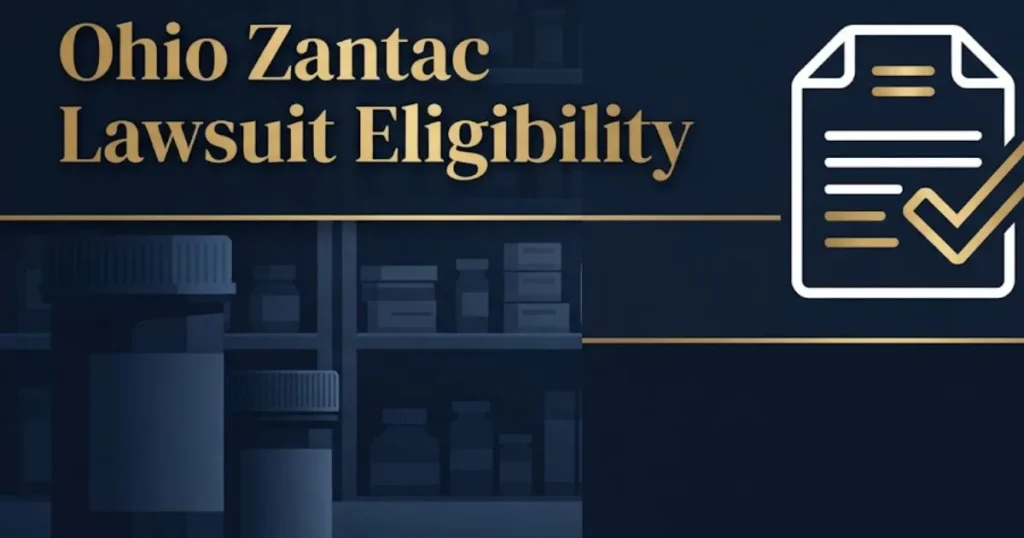 Ohio Zantac lawsuit eligibility graphic showing pharmacy and medical record icons in navy and gold