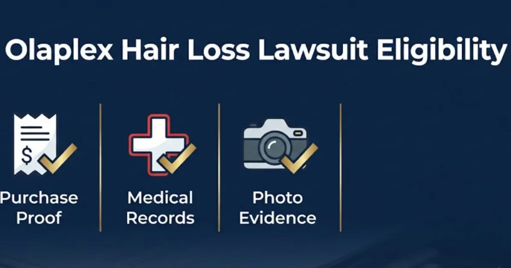 Olaplex hair loss lawsuit eligibility checklist infographic with evidence icons