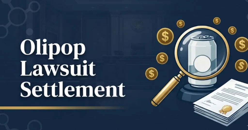 Olipop lawsuit settlement details with legal documents and soda label graphic