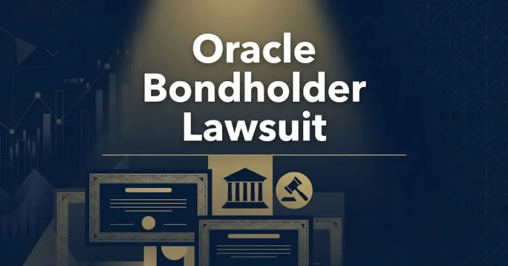 Oracle bondholder lawsuit 2026 legal banner with courthouse and bond icons