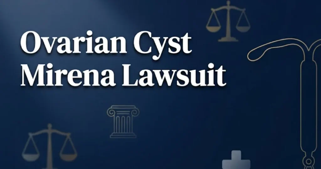 Ovarian cyst Mirena lawsuit 2026 hero banner with legal symbols and IUD silhouette