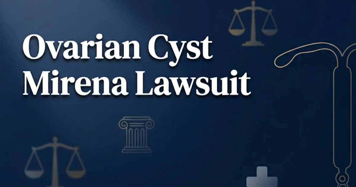 Ovarian cyst Mirena lawsuit 2026 hero banner with legal symbols and IUD silhouette