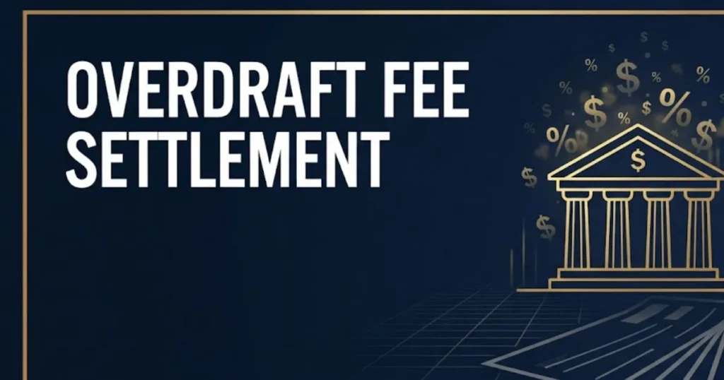 Overdraft fee settlement graphic showing bank and payout concepts for 2026