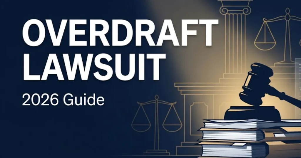 Overdraft lawsuit 2026 guide hero banner with gavel and legal symbols