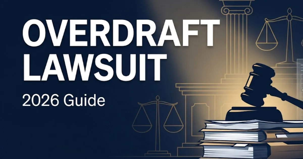 Overdraft lawsuit 2026 guide hero banner with gavel and legal symbols
