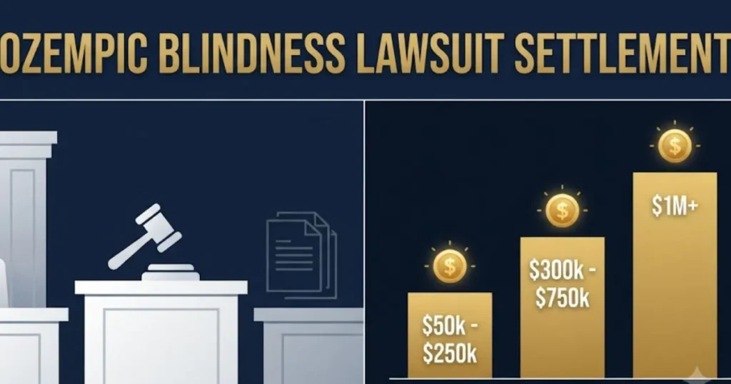 Ozempic blindness lawsuit settlement tiers infographic with courtroom and chart elements