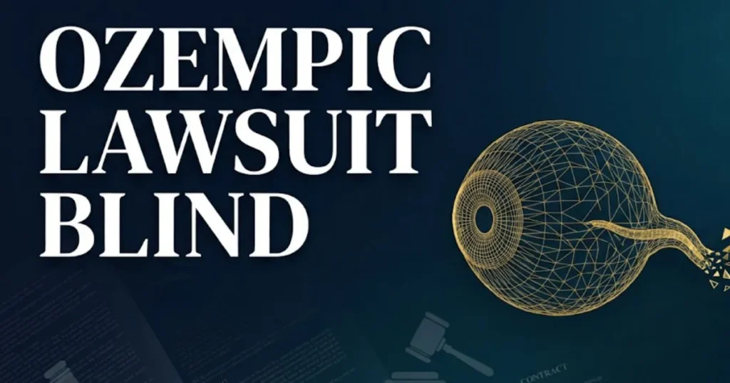 Ozempic lawsuit blind hero banner with eye and legal symbols on navy background