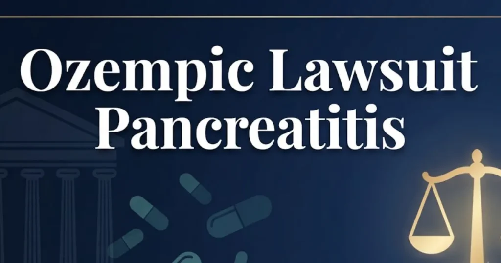 Ozempic lawsuit pancreatitis 2026 legal guide hero banner with courthouse and scales of justice