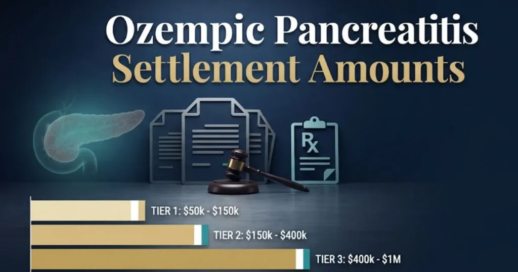 Ozempic pancreatitis settlement amounts infographic with legal documents and payout tiers
