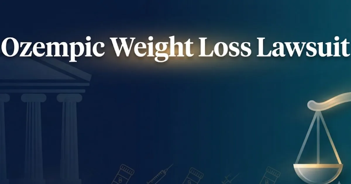 Ozempic weight loss lawsuit 2026 hero banner with courthouse and scales of justice