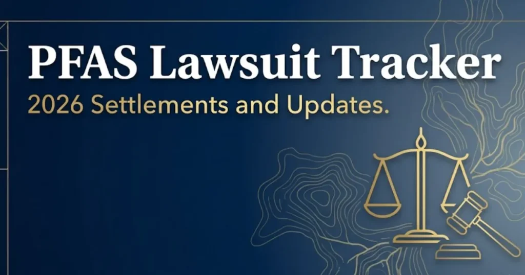 PFAS lawsuit tracker 2026 blog banner with legal gavel icon, settlement updates, and contaminated water map imagery