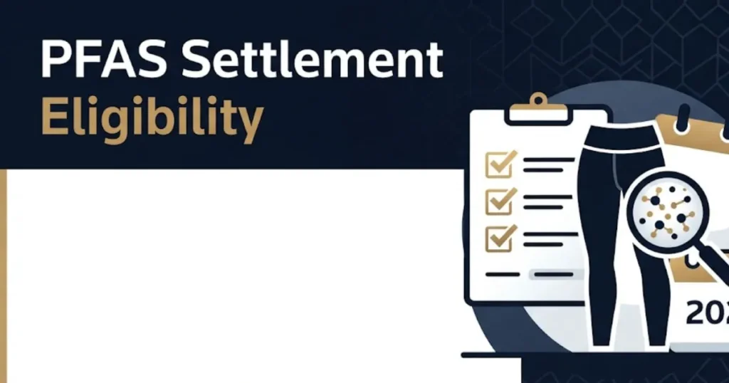 PFAS settlement eligibility graphic for lululemon PFAS lawsuit with checklist and 2026 calendar