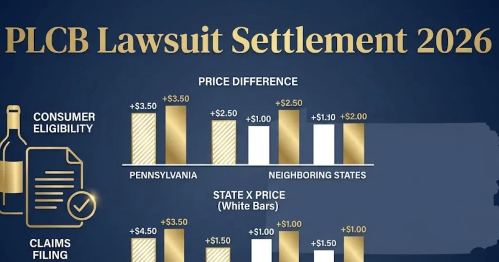 PLCB lawsuit settlement 2026 infographic with price comparison and PA state map outline