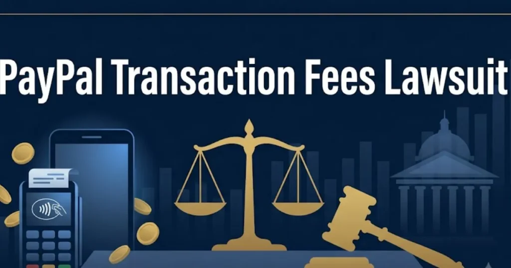 PayPal transaction fees lawsuit 2026 guide with gavel and payment icons on navy background