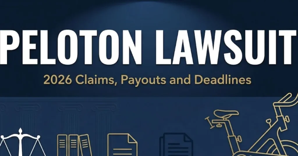 Peloton lawsuit 2026 hero banner showing bike silhouette with legal icons and settlement deadline text