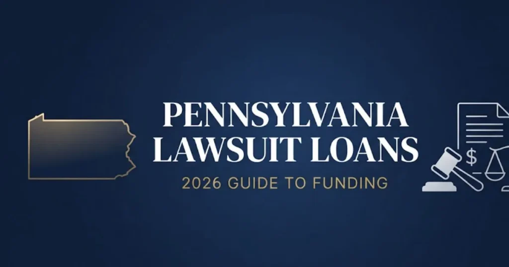 Pennsylvania lawsuit loans 2026 guide hero banner with legal icons and state outline