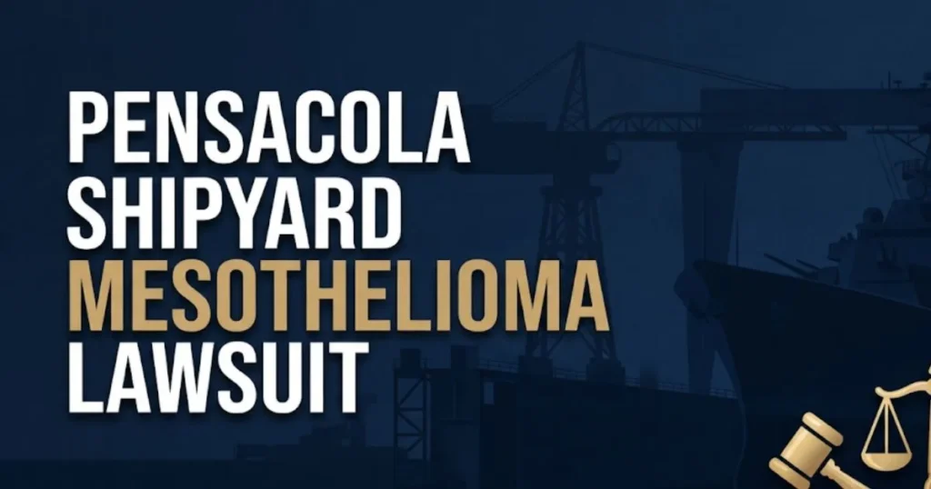 Pensacola shipyard mesothelioma lawsuit 2026 guide hero banner with shipyard silhouette and legal icons