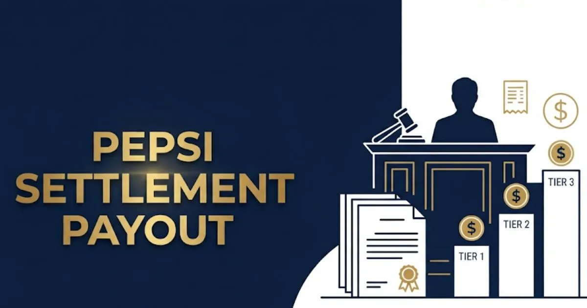 Pepsi settlement payout graphic showing claim tiers and legal documents in editorial style