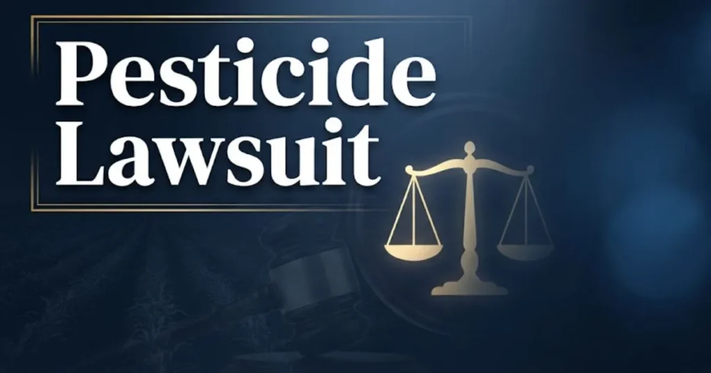 Pesticide lawsuit 2026 hero banner with legal symbols and agricultural imagery