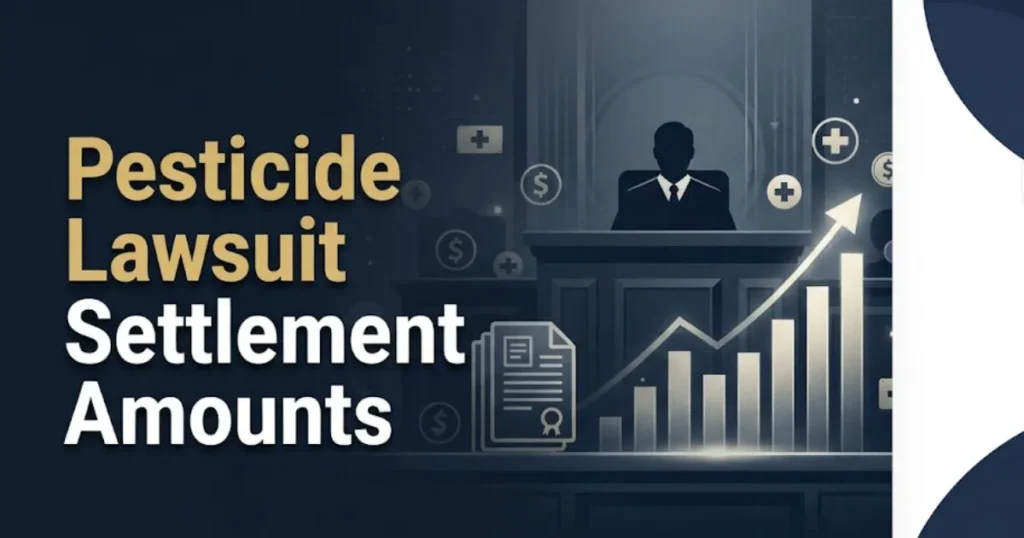 Pesticide lawsuit settlement amounts graphic with courtroom and payout visuals