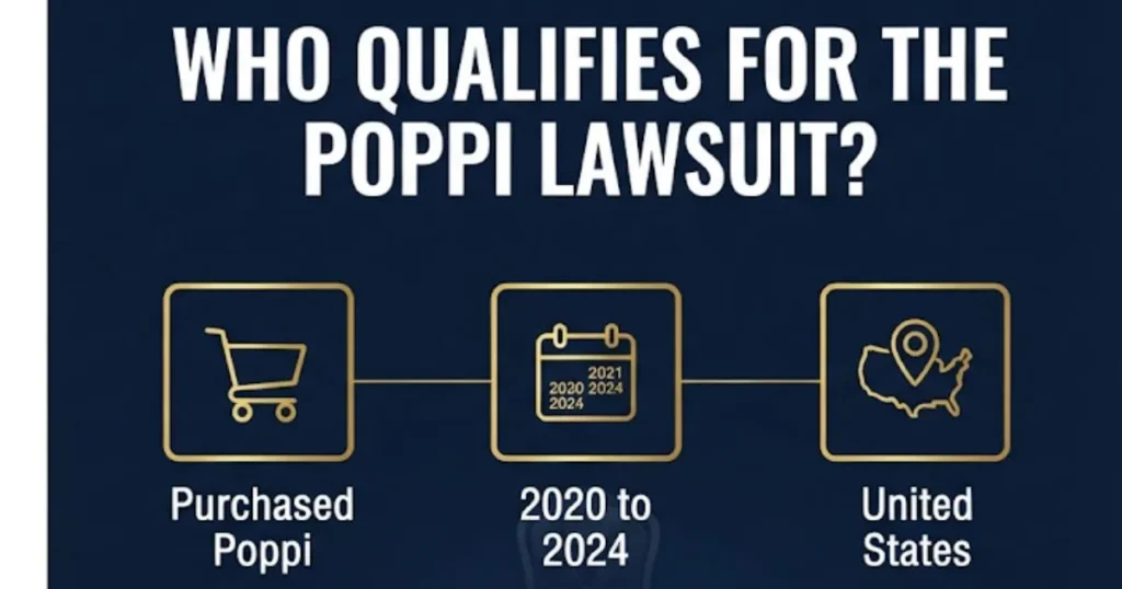 Poppi class action lawsuit sign up eligibility infographic with qualification icons