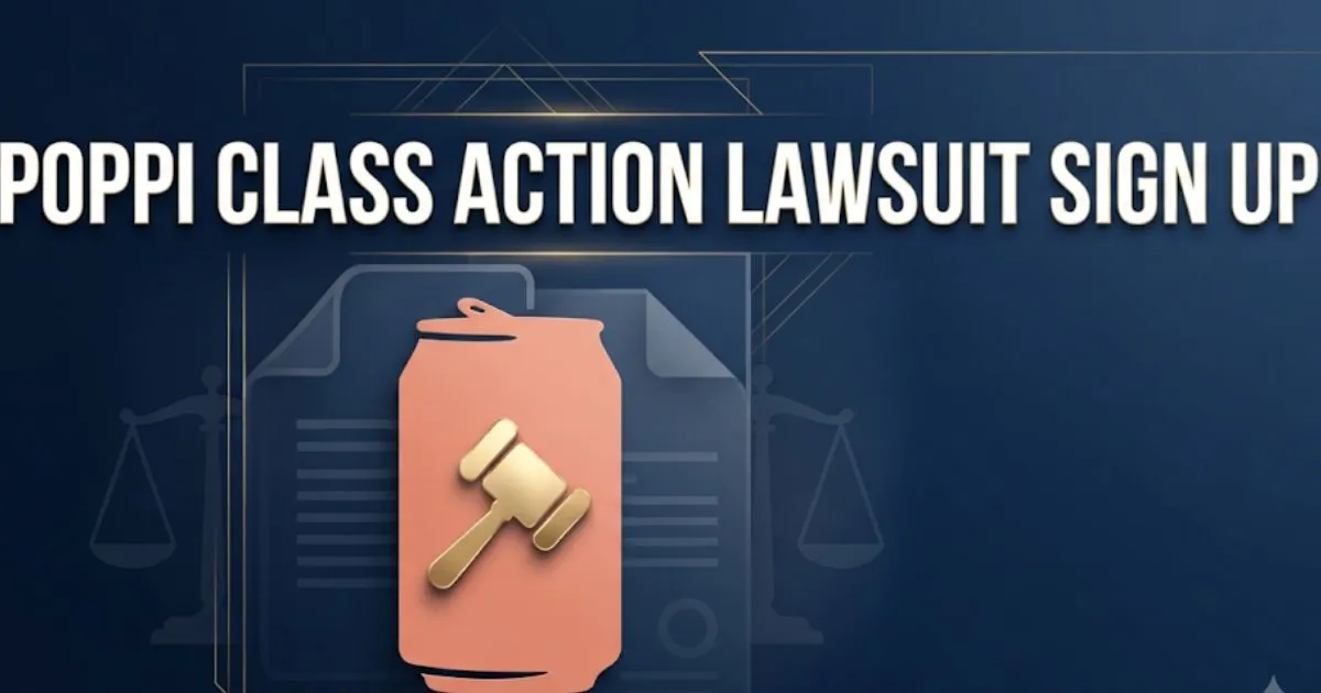 Poppi class action lawsuit sign up hero banner with gavel and soda can legal graphic