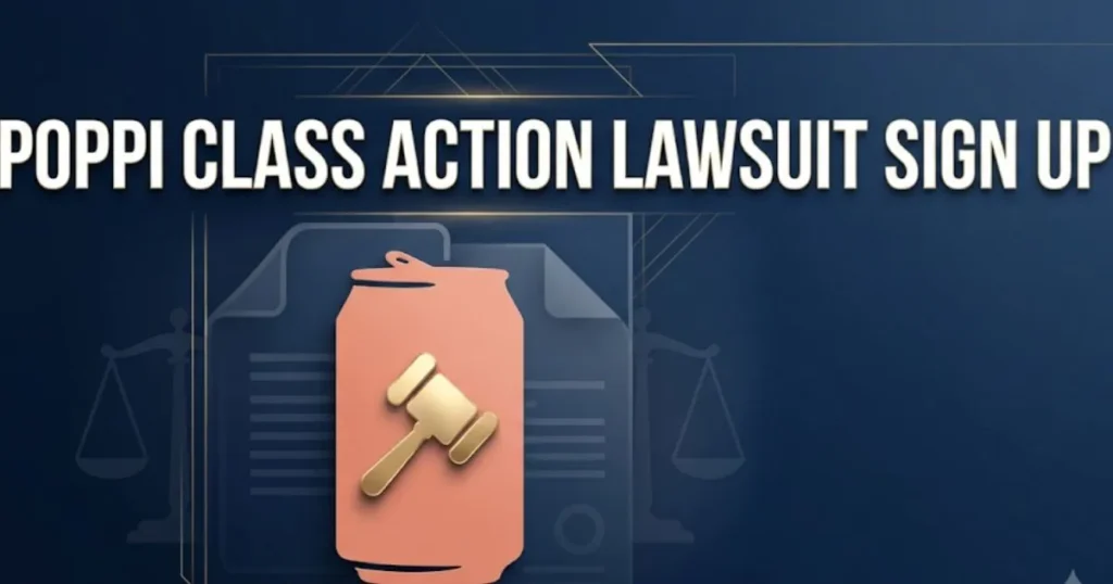 Poppi class action lawsuit sign up hero banner with gavel and soda can legal graphic