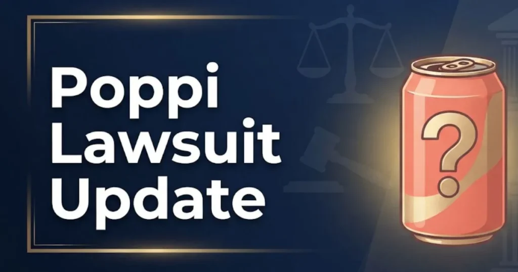 Poppi lawsuit update 2026 hero banner with legal symbols and soda can illustration