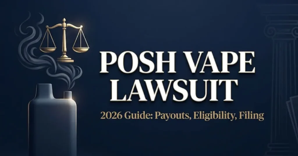 Posh vape lawsuit 2026 hero banner with legal scales and vape device silhouette on navy background