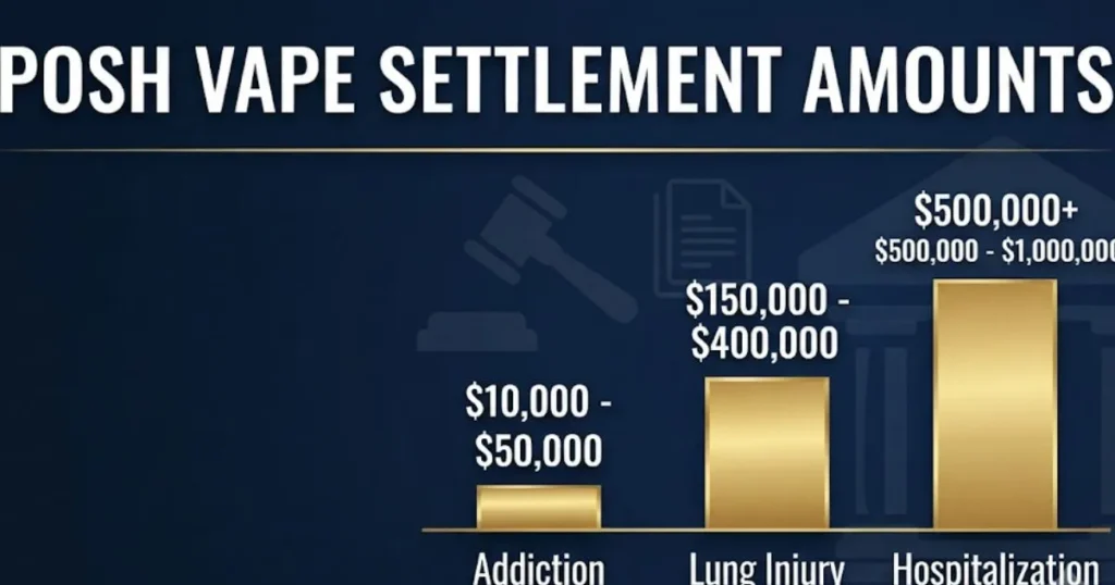 Posh vape settlement amounts comparison chart showing payout tiers for addiction and lung injury claims