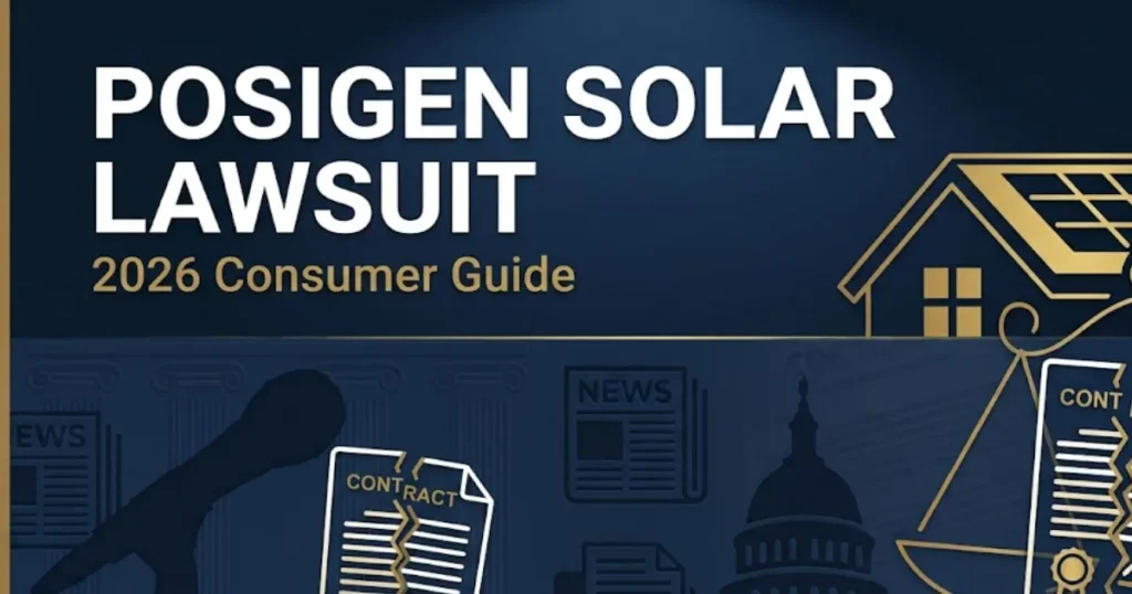 PosiGen solar lawsuit 2026 consumer guide banner with legal symbols and solar panel silhouette on navy background