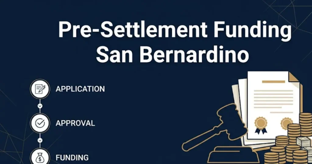 Pre-settlement funding San Bernardino infographic showing lawsuit loan application steps and funding process