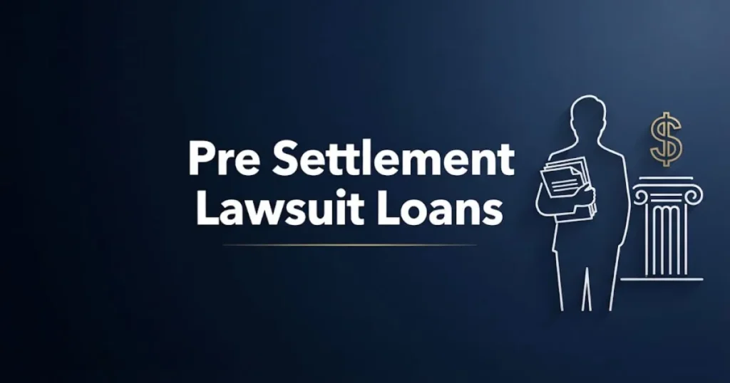 Pre settlement lawsuit loans guide banner with legal icons and courthouse silhouette on navy background