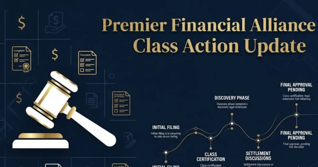 Premier Financial Alliance class action update graphic with gavel and legal icons