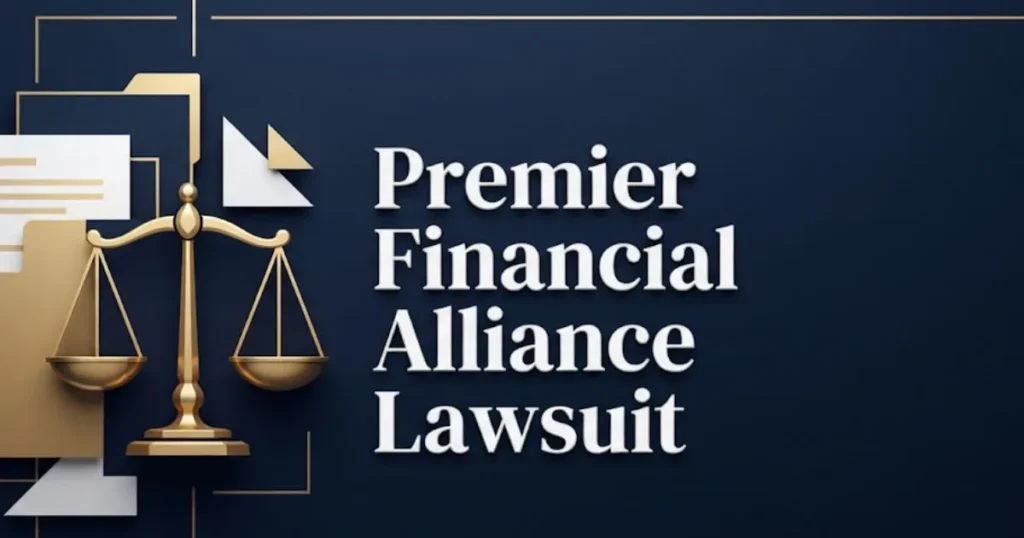 Premier Financial Alliance lawsuit 2026 legal update banner with scales of justice