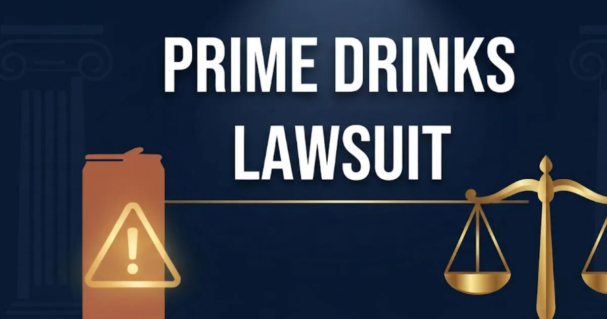 Prime drinks lawsuit 2026 hero banner with legal scales and beverage can graphic
