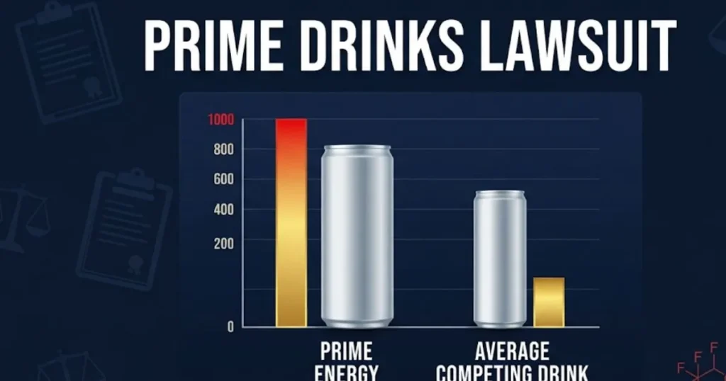 Prime drinks lawsuit caffeine comparison infographic with PFAS chemical icons