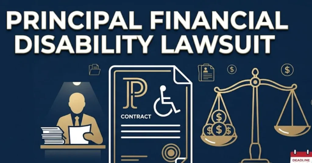Principal financial disability lawsuit infographic with insurance denial and legal scale icons