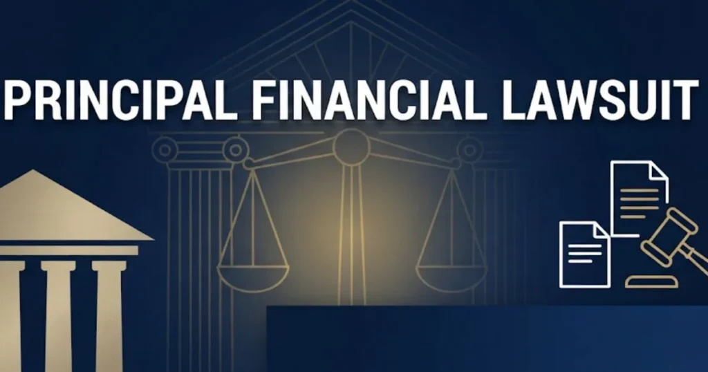 Principal financial lawsuit 2026 hero banner with courthouse and legal symbols on navy background