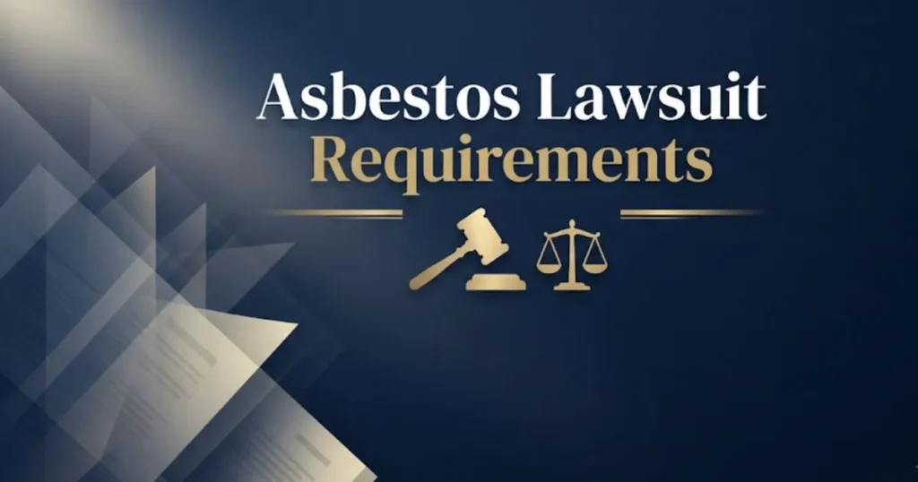 Professional banner displaying asbestos lawsuit requirements headline with legal symbols on navy background
