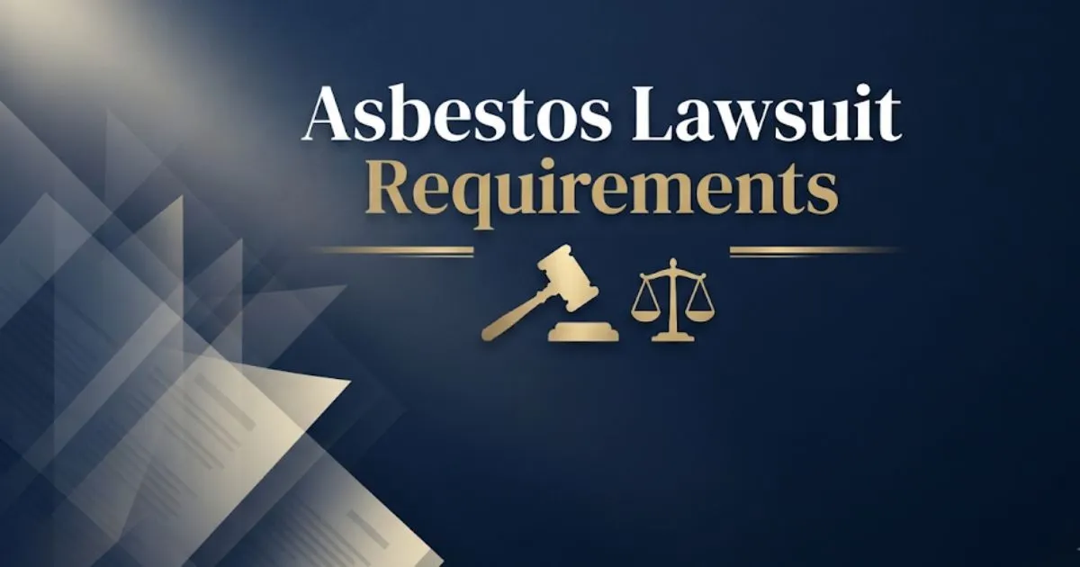 Professional banner displaying asbestos lawsuit requirements headline with legal symbols on navy background