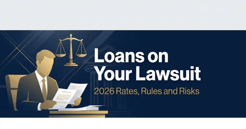 Professional banner explaining loans on your lawsuit with legal scales and document imagery