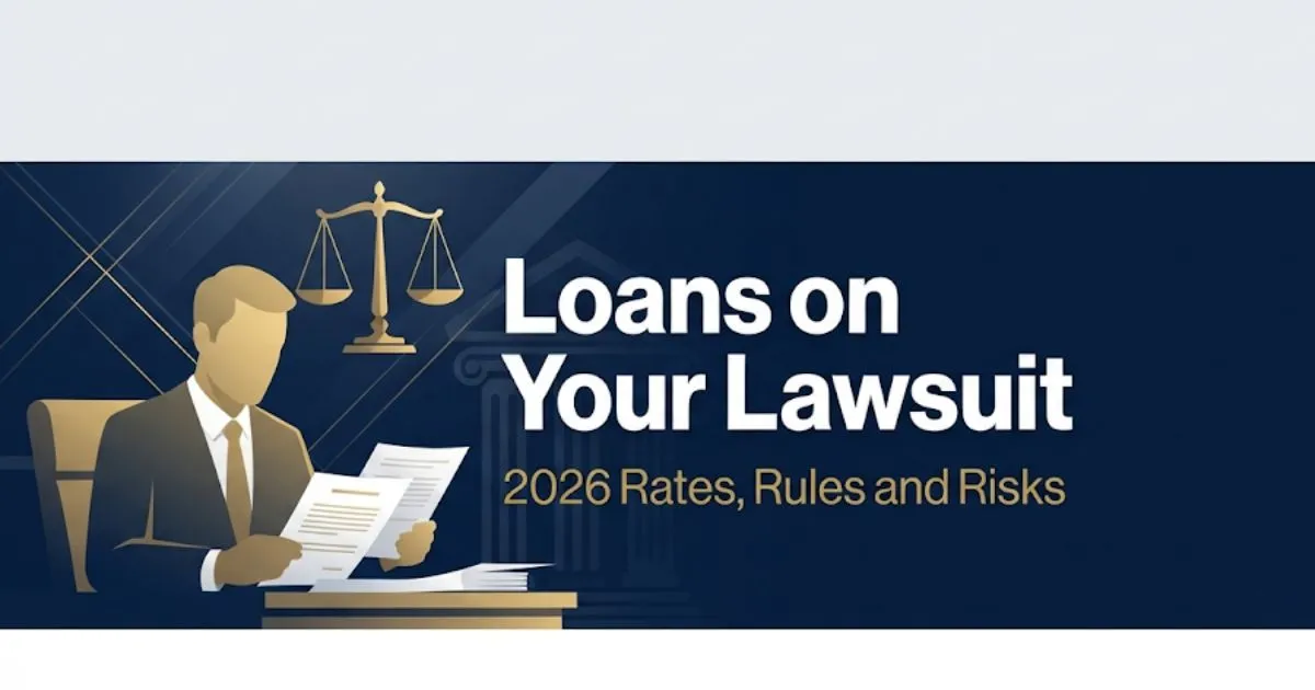 Professional banner explaining loans on your lawsuit with legal scales and document imagery