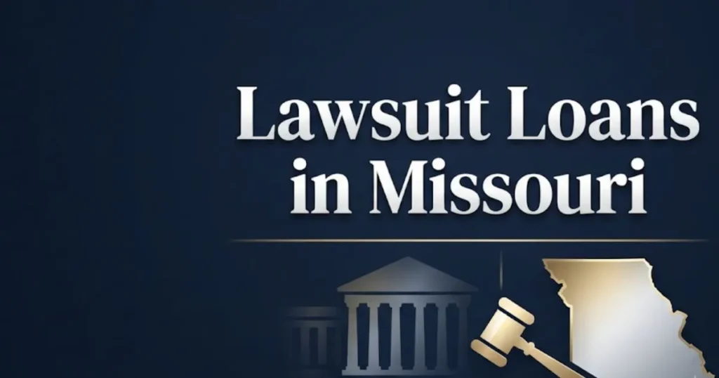 Professional banner graphic about lawsuit loans in Missouri with legal icons and state outline